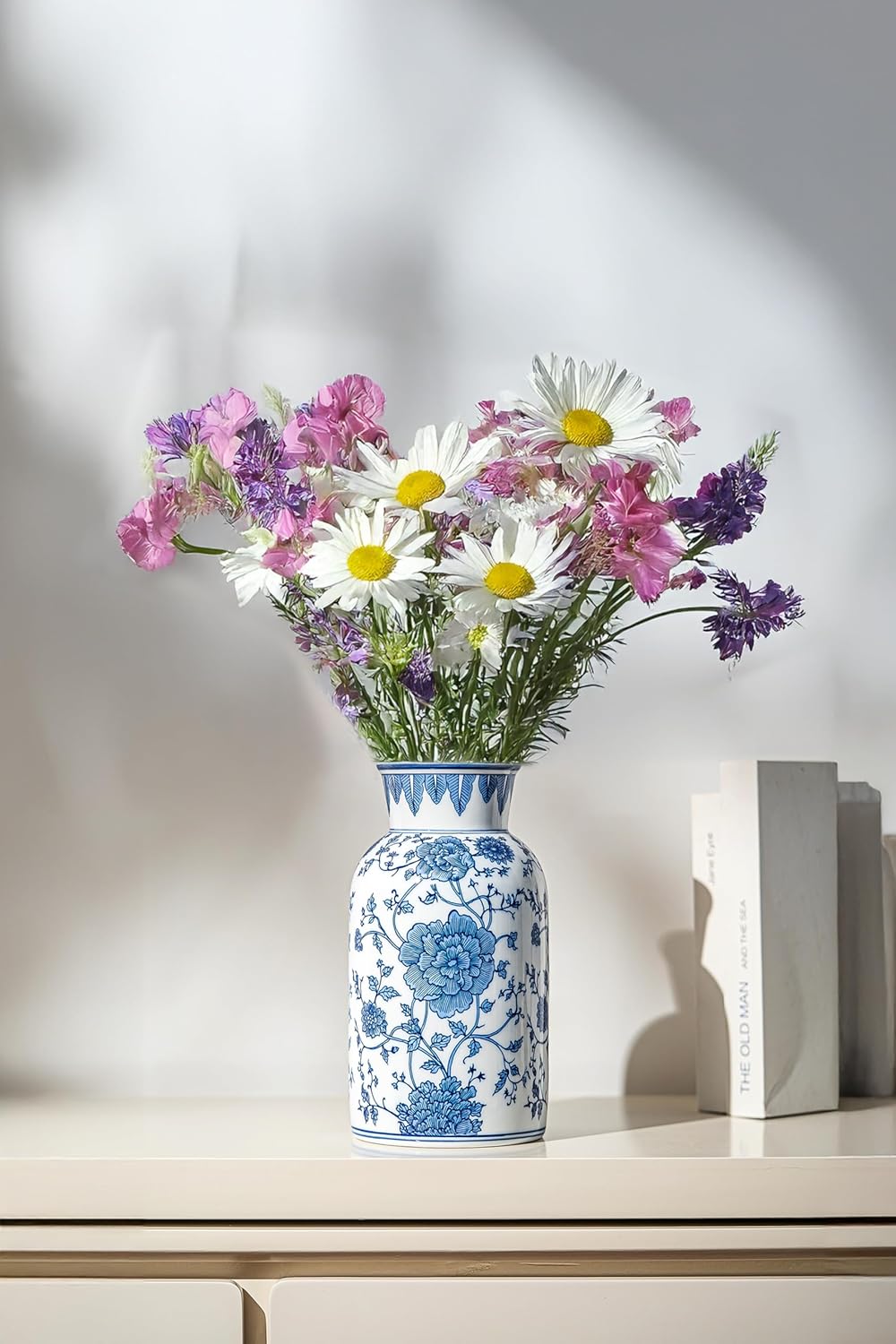 Modern Blue and White Porcelain Vase - Chinoiserie Ginger Jar for Home Decor, Floral Arrangement, 11-Inch Height Handcrafted Ceramic Vase