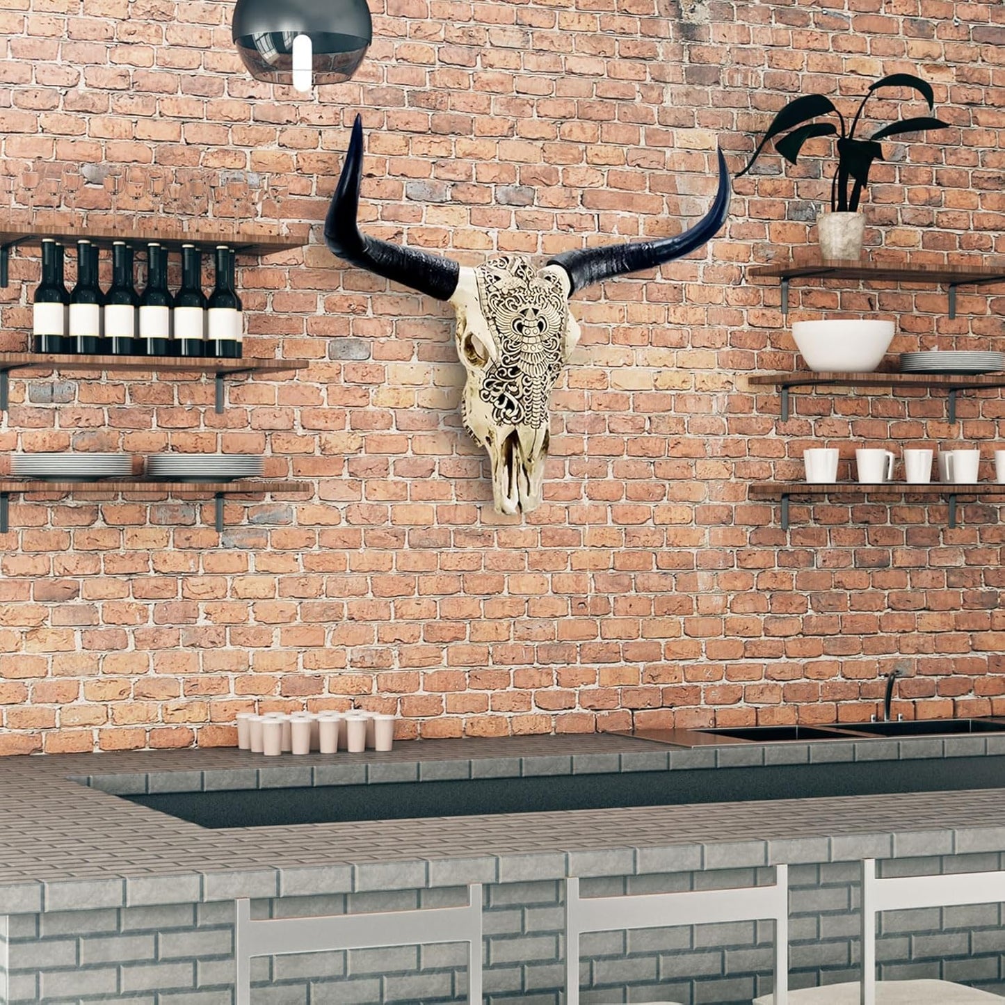 HETBGJU Large Black white Faux Cow Skull Wall Decor with Long Horns - Realistic Resin Bull Head Sculpture - Western Farmhouse Wall Hanging 31" x 24" incl Horns (white)