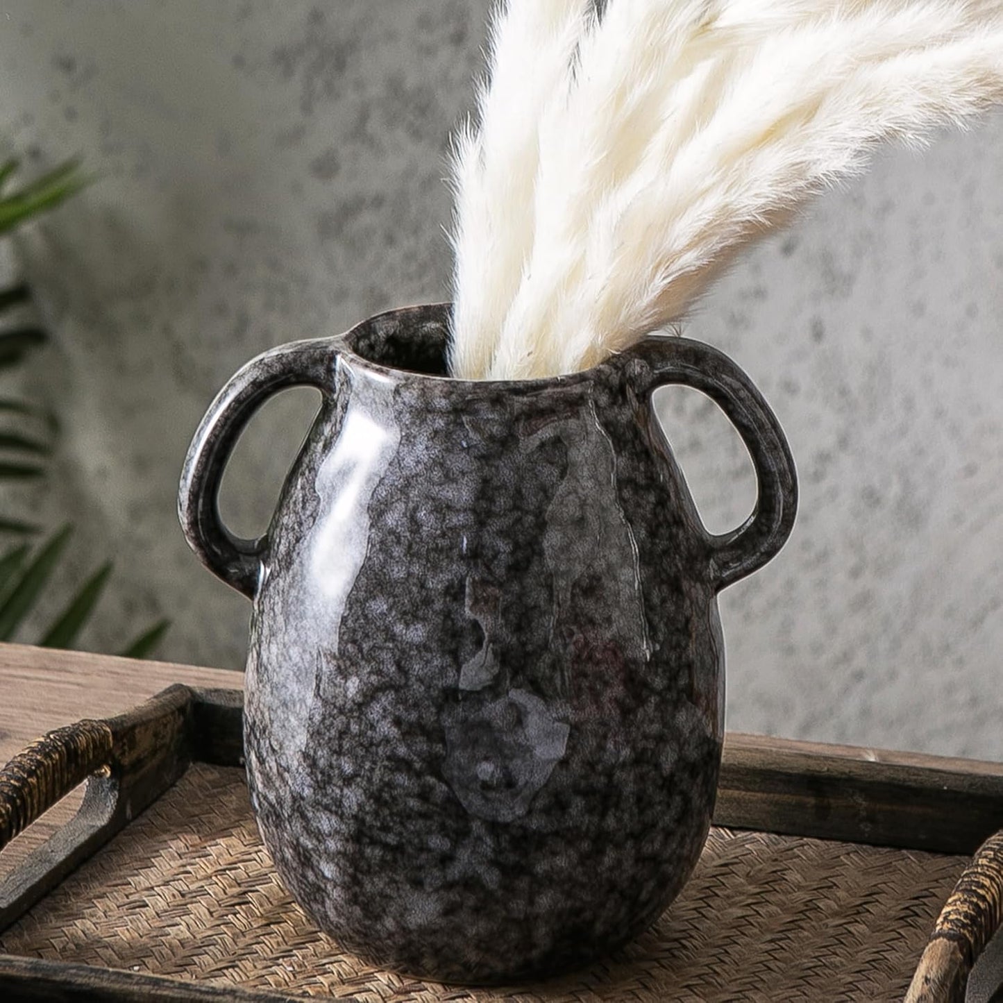 Blue Ceramic Vase with 2 Handles - Modern Farmhouse Rustic Terracotta Decorative Clay Boho Vase for Pampas Grass and Home Decor