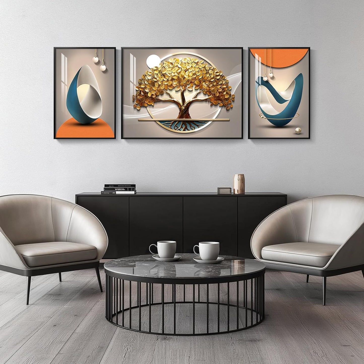 Cuspin Modern Luxury Large Wall Art Set of 3 Bright Style Abstract Paintings, Glossy Art Prints for Living Room, Hallway, Dining Room, Office