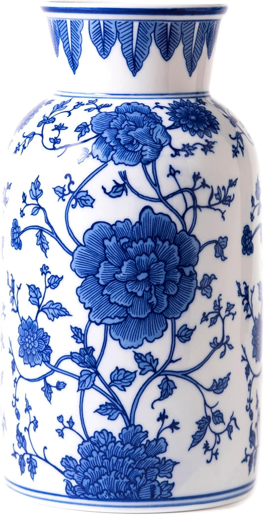 Modern Blue and White Porcelain Vase - Chinoiserie Ginger Jar for Home Decor, Floral Arrangement, 11-Inch Height Handcrafted Ceramic Vase