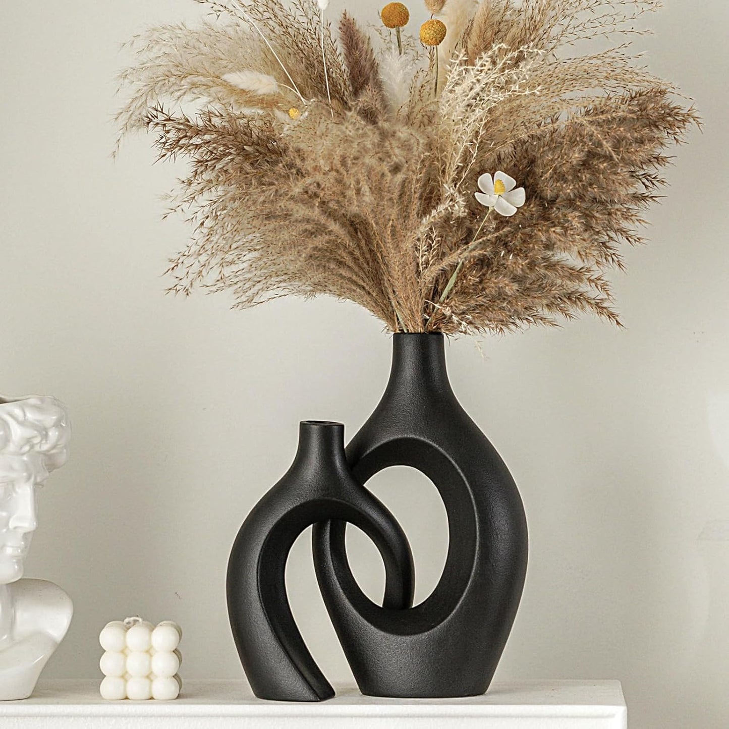 Snuggle Hollow Ceramic Vase Set of 2, Nordic Modern Boho ins Style Decorative Ceramic Aesthetic Flower Vase for Home Decor (Milky White W 6.3" X H 8.4")