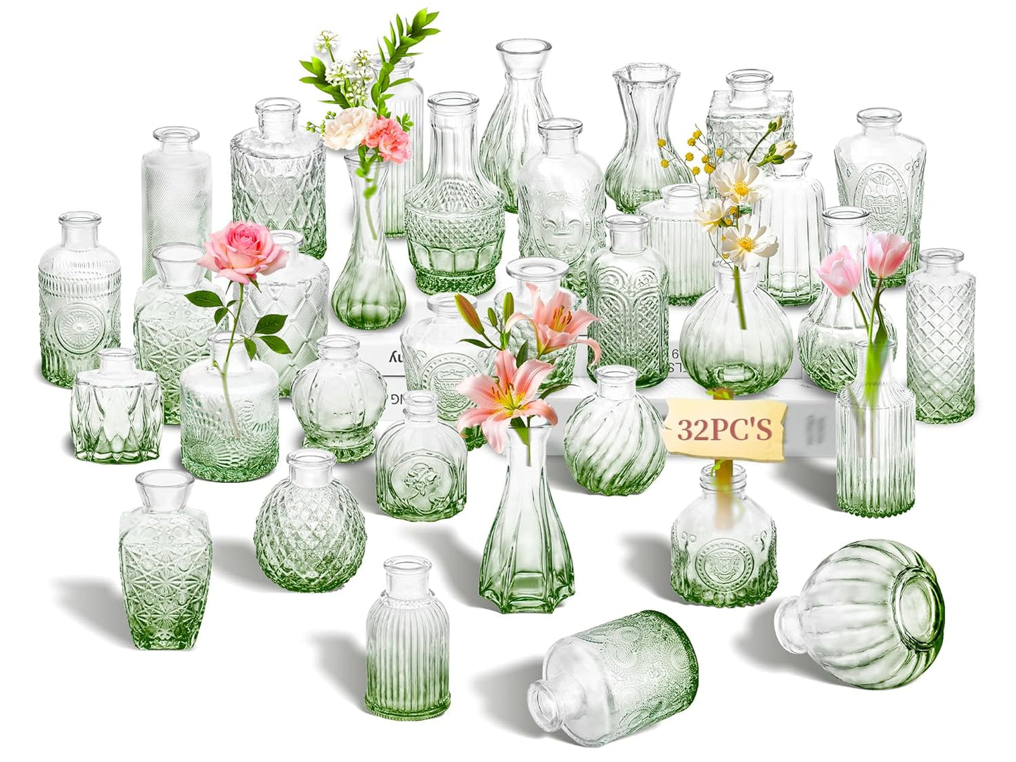 Clear Bud Vases Bulk 32,Small Flower Vases for Wedding,Glass Vintage Bottle Set for Centerpieces,Recepetion,Home