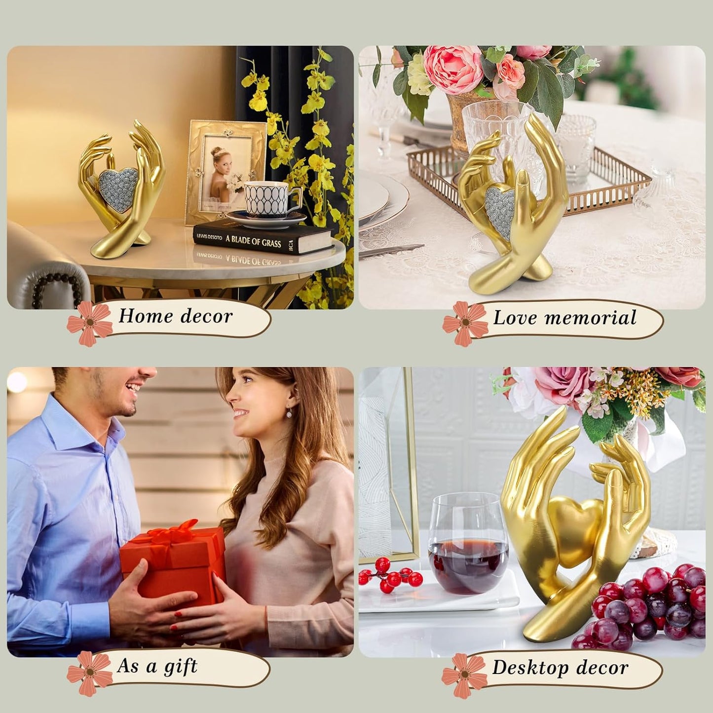 Gold Heart Hands Sculpture Modern Aesthetic Decoration Accents Figurines Home Decor, Gold Love Heart Statue Decor for Living Room Bedroom Shelf Office Table Women Girl, Wedding Anniversary Couple Gift