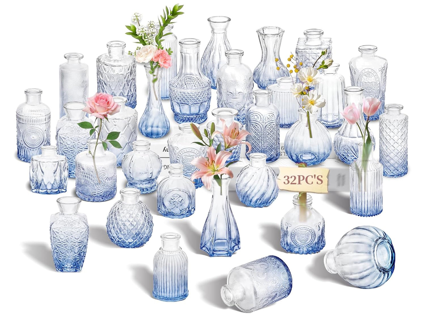 Clear Bud Vases Bulk 32,Small Flower Vases for Wedding,Glass Vintage Bottle Set for Centerpieces,Recepetion,Home