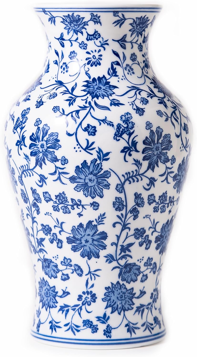 Modern Blue and White Porcelain Vase - Chinoiserie Ginger Jar for Home Decor, Floral Arrangement, 11-Inch Height Handcrafted Ceramic Vase
