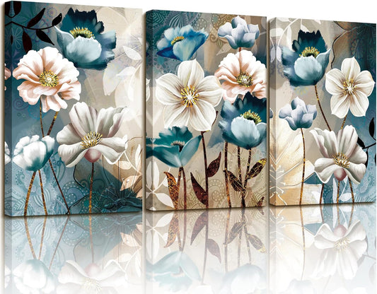 SERIMINO 3 Piece Lotus Flower Canvas Wall Art for Living Room, Blue Floral Picture Wall Decor for Dining Room Bedroom, Art Print Painting for Home Decorations 12"X16"