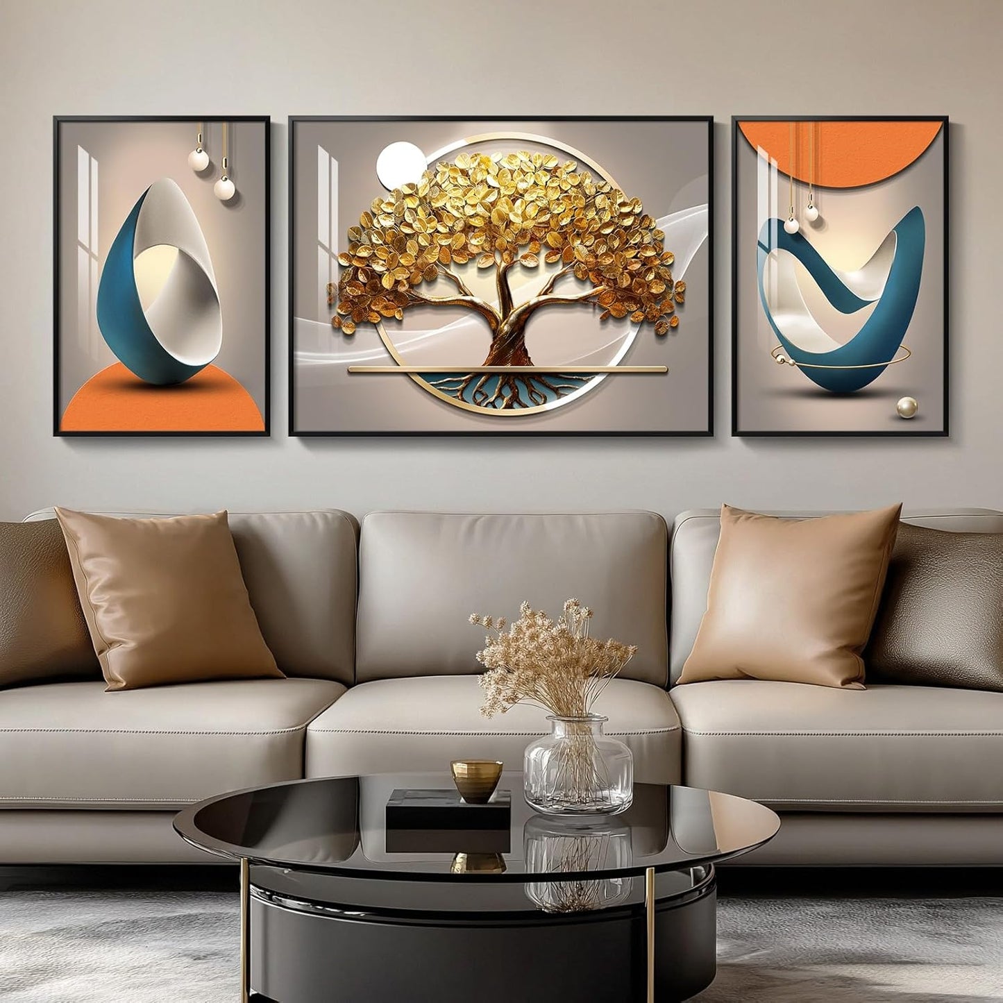 Cuspin Modern Luxury Large Wall Art Set of 3 Bright Style Abstract Paintings, Glossy Art Prints for Living Room, Hallway, Dining Room, Office